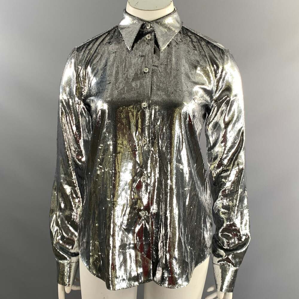 HELMUT LANG Size L Silver Polyester Silk Velvet Button Up Shirt
